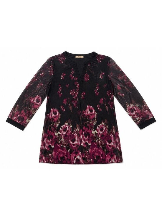 Timeson Tops - Timeson Women's Black Pink Floral Tunic Top L Long Sleeve Lightweight Stretch Bl